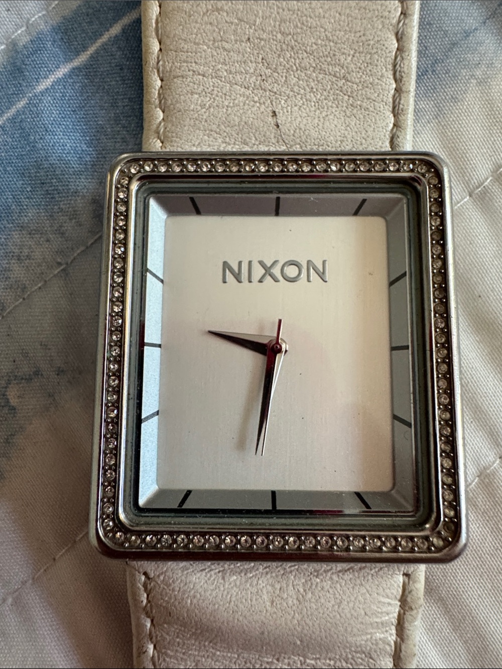 Nixon White Leather Square Watch with Crystal Bezel